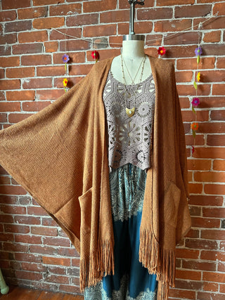 Earthy Mama Long Brown Fringe Poncho With Pockets