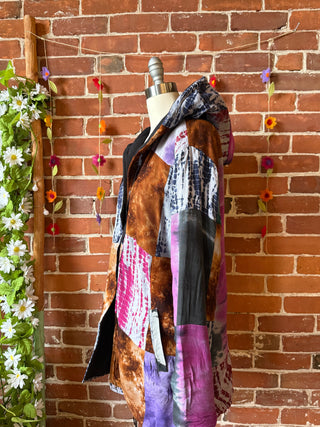 Autumn Stroll Tie Dye Fleece Lined Patchwork Hoodie Jacket