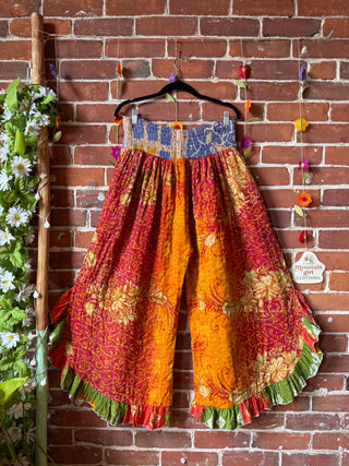 Coffee In The Morning Kantha Ruffle Wide Leg Lounge Pants - Fits up to 2X - Fair Trade Made