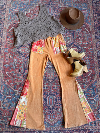 Bohemian Autumn Days Bandana Patchwork Bell Bottom Pants - Rust