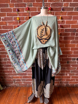 Grateful Dead Inspired Sage/Brown Embroidered Poncho