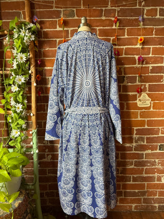 Blue Mandala Long Tapestry Robe Kimono w/ Pockets + Belt - Fair Trade Made