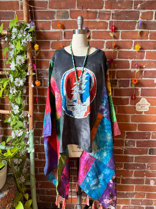 Grateful Dead Inspired Upcycled Silk Patchwork Tie Dye Hi Lo Poncho Top