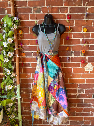 Reversible Upcycled Sari Silky Patchwork Wrap Skirt - Fair Trade Made