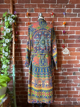 Blue + Yellow Elephant Mandala Long Tapestry Robe Kimono w/ Pockets + Belt - Fair Trade Made