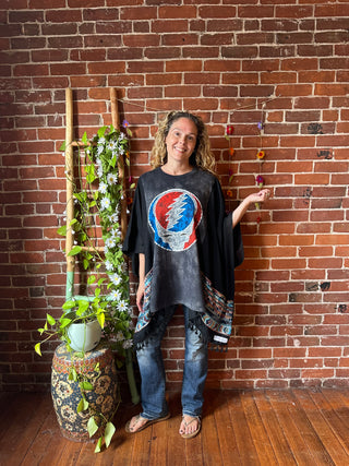 Grateful Dead Inspired Batik Stealie Embroidered Black Poncho