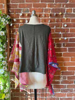 OOAK Autumn Collection- Upcycled Peace Sign Patchwork  Cropped Kantha Hi Lo Poncho Tee