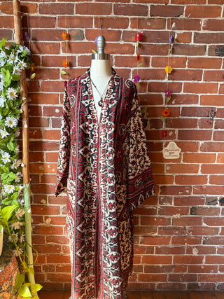 Red Black Brown Mandala Long Tapestry Robe Kimono with Pockets and Belt