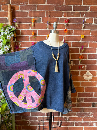 OOAK Summer Collection - Upcycled Kantha Peace Sign Patch Patchwork Poncho Style Top ☮️
