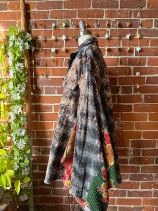 OOAK Winter Collection- Birdsong Kantha + Bleach Plaid Button Up Wing Style Poncho Jacket