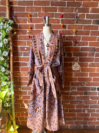Lavender + Orange Long Tapestry Robe Kimono w/ Pockets + Belt - Fair Trade Made