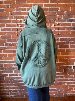 Peace Patch Mineral Wash Cardigan Hoodie - Olive Green