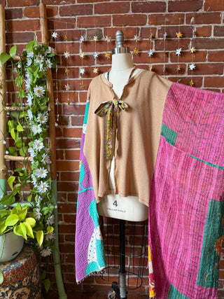 OOAK Winter Collection - Upcycled Waffle Knit Kantha Poncho Hi Lo Kimono