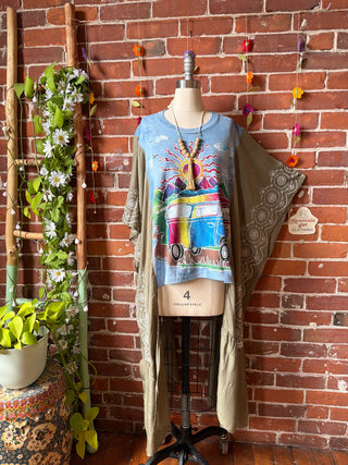 Batik Hippie Bus Tie Dye Sage Embroidered Hi Lo Poncho Top