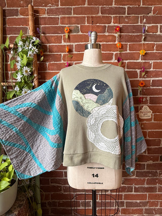 OOAK Summer Collection- Upcycled Moon Mountain Kantha Dolman Sleeve Top