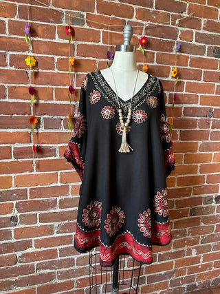 Artemis Batik Long Tunic Top - Black/Red