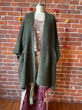 Moss Green Chunky Knit Soft Poncho With Pockets