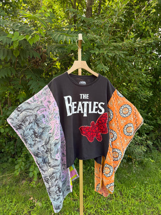 OOAK Summer Collection- Upcycled Beatles Inspired Vintage Butterfly Patch Hi Lo Kantha Poncho Tee