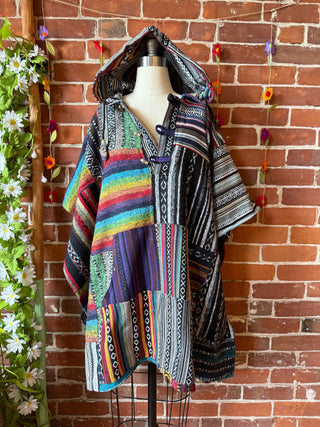 Rainbow/Black Brushed Woven 100% Cotton Hooded Poncho
