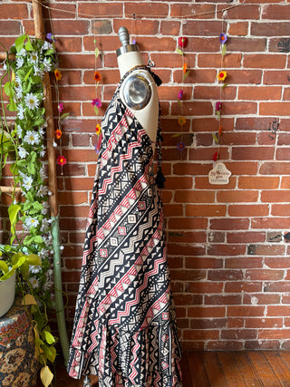 Size Small-Medium Black Red Meadow Mosaic 100% Cotton Halter Dress - Fair Trade Made