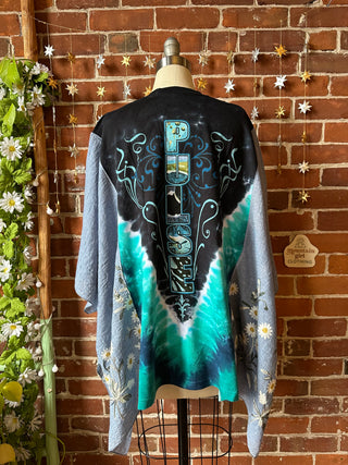 Upcycled Pink Floyd Tie Dye Inspired Daisy Embroidered Poncho Top