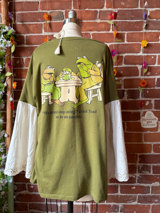 OOAK Summer Collection- Upcycled Frog & Toad Eyelet Lace Bell Sleeve Tee - Size Large