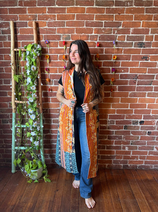 Twilight Reversible Kantha Long Hooded Duster Vest