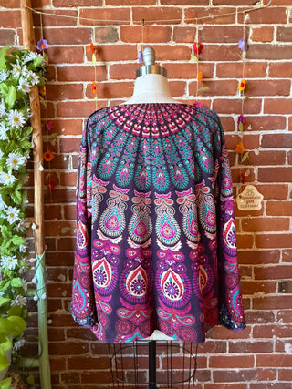 OOAK Autumn Collection- Upcycled Mandala Purple Boho Bell Sleeve Tunic Top