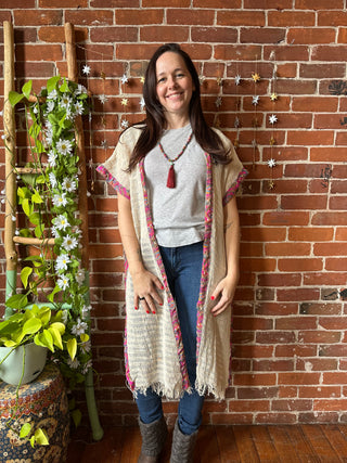 100% Cotton Cream Woven Fringe Kimono Robe