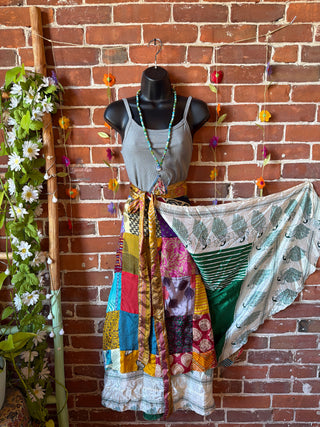 Reversible Upcycled Sari Silky Patchwork Wrap Skirt - Fair Trade Made