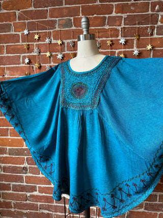 Hannah Embroidered Poncho Capelet Top - Stone Washed Teal