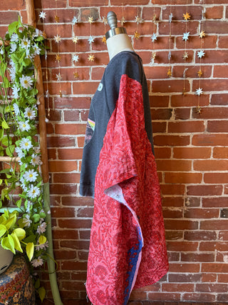 OOAK Winter Collection- Upcycled Pink Floyd Inspired Kantha Hi Lo Poncho Sweatshirt