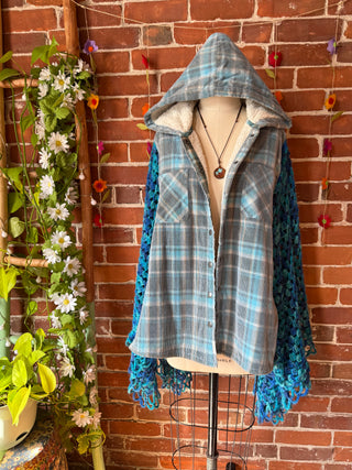 OOAK Autumn Collection- Upcycled Crochet + Fleece Plaid Hoodie Poncho Jacket