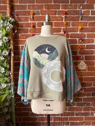 OOAK Summer Collection- Upcycled Moon Mountain Kantha Dolman Sleeve Top