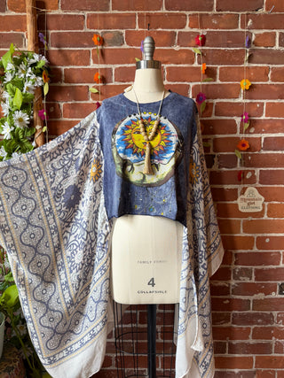 OOAK Summer Collection- Upcycled Cropped Moon Sun Hi Lo Flowy Boho Poncho Tee