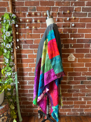 Upcycled Silk Patchwork Tie Dye Fleetwood Mac Inspired Hi Lo Poncho Top