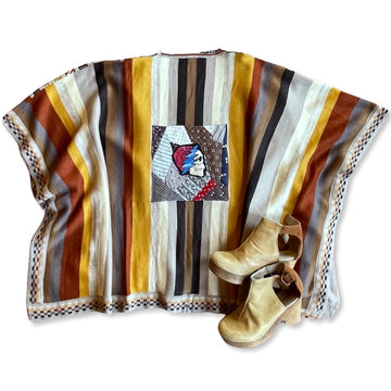 One Size Fits Most 70s Vibes Grateful Dead Inspired Ruana Sweater w/ Patchwork Pockets