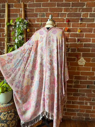 Bright Wildflower Goddess Flowy Woven Fringe Kimono Ruana - Made In Canada
