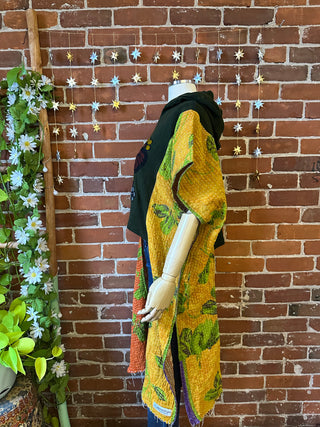 OOAK Autumn Collection - Upcycled Embroidered Butterfly Cropped Hybrid Hi Lo Kantha Hoodie