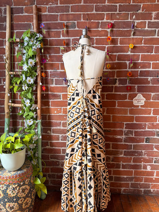 Size Small-Medium Black Gold Meadow Mosaic 100% Cotton Halter Dress - Fair Trade Made