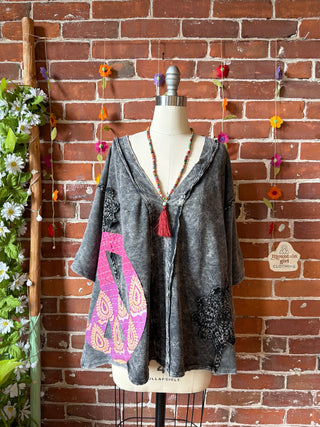 OOAK Summer Collection - Upcycled Kantha Peace Sign Patch Patchwork Poncho Style Top ☮️