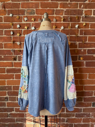 Flower Power Patchwork Floral Mineralwash Sweatshirt - Blue