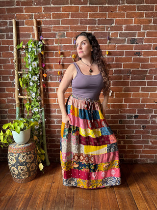 Fields of Joy Multicolored Patchwork Skirt with Pockets- Fair Trade Made
