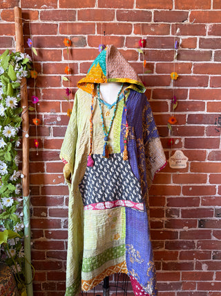 Sierra Dreams Reversible 100% Cotton Kantha Poncho Tunic Hoodie Beach Coverup - Fair Trade Made