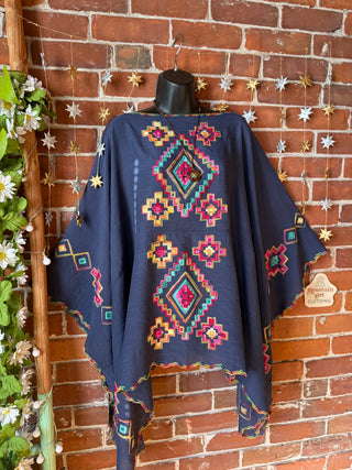 The Wandering Bloom Layer - Navy - Upcycled Embroidered Poncho
