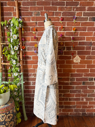 Silver + White Mandala Long Tapestry Robe Kimono w/ Pockets + Belt - Fair Trade Made