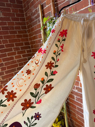 Moon Garden White Wide Leg Lounge Pants - Fair Trade Made - Multiple Sizes Available