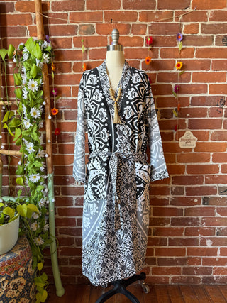 Black + White Mandala Long Tapestry Robe Kimono w/ Pockets + Belt - Fair Trade Made