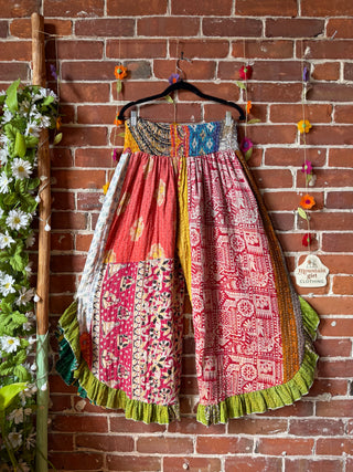 Coffee In The Morning Kantha Ruffle Wide Leg Lounge Pants - Fits up to 2X - Fair Trade Made