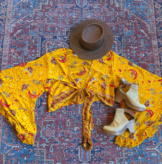 Golden Yellow Sun, Moon + Stars Celestial Cropped Bell Sleeve Wrap Top